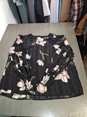 CeCe Black Floral Sheer Top with Pink and Green Accents